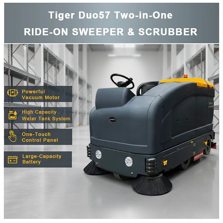 TigerDuo57 Ride-On Sweeper Scrubber – Sweep & Scrub in One Pass, 118,000 sq ft/h