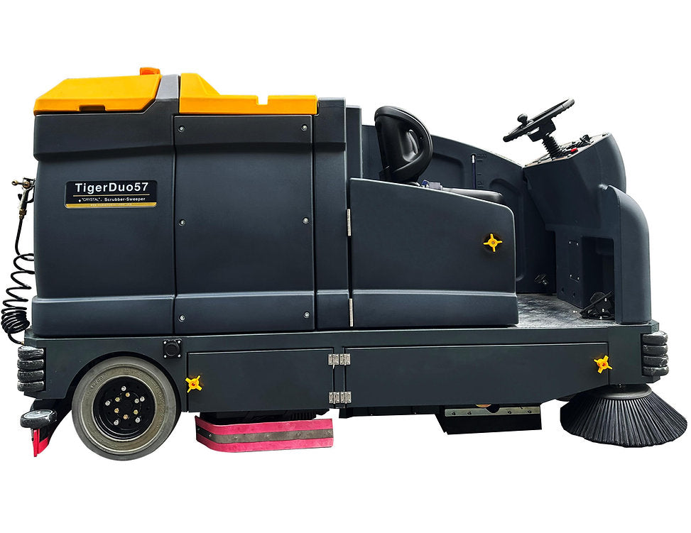 TigerDuo57 Ride-On Sweeper Scrubber – Sweep & Scrub in One Pass, 118,000 sq ft/h