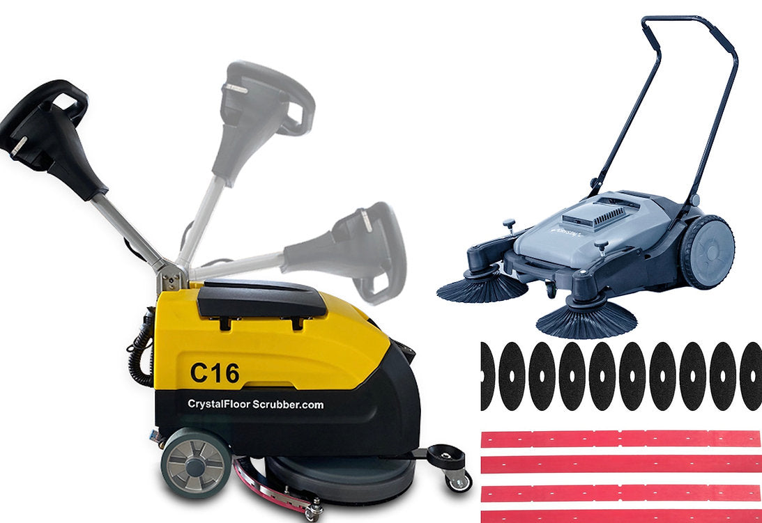 Happy Combo A: C16 Floor Scrubber + Floor Sweeper + 6 Mo Accessories