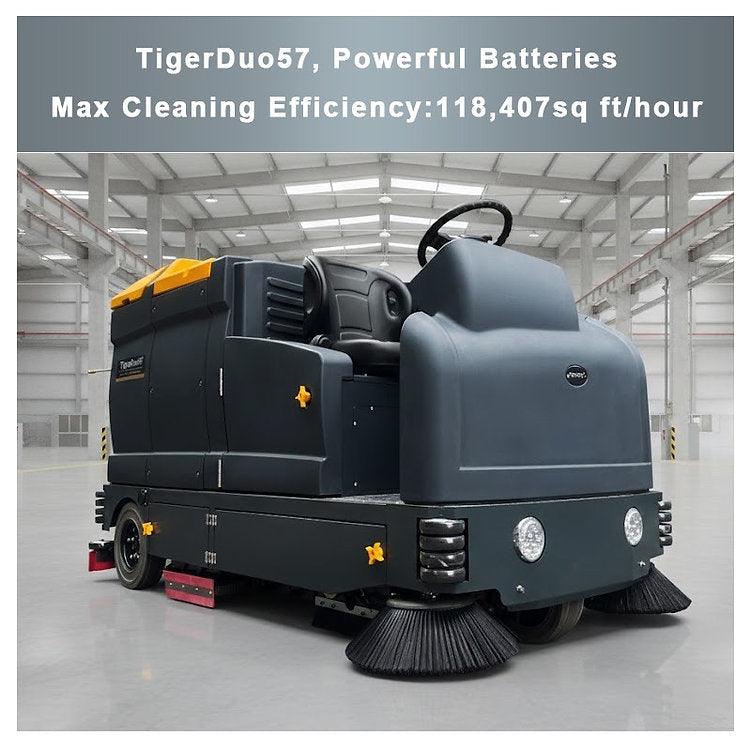 TigerDuo57 Ride-On Sweeper Scrubber – Sweep & Scrub in One Pass, 118,000 sq ft/h